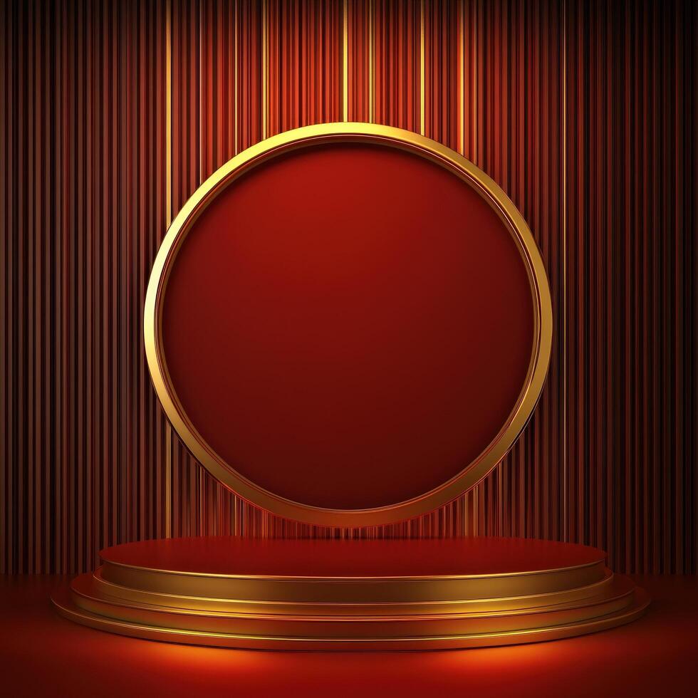 Red podium with gold frame and red background photo