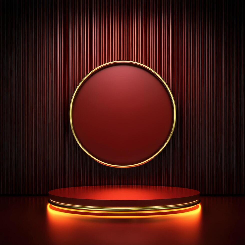 Red round podium with gold frame on dark background photo
