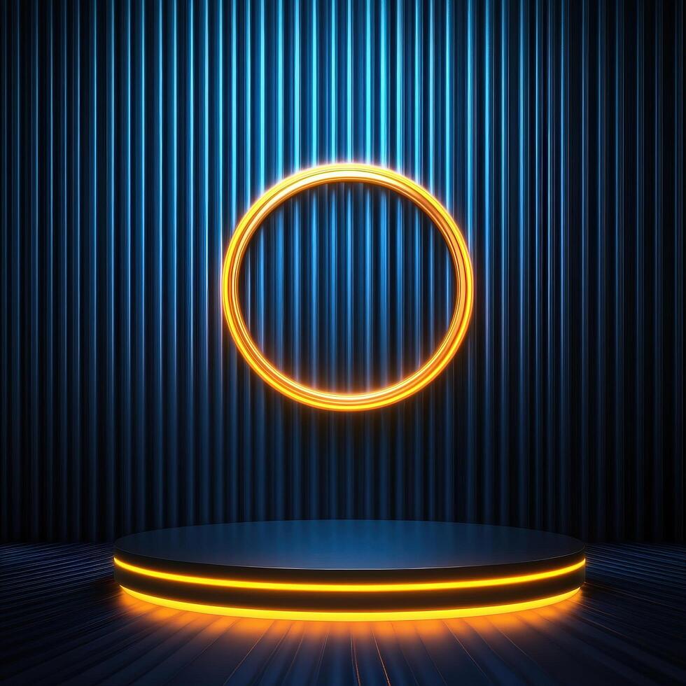 3d rendering of a neon ring on a podium photo