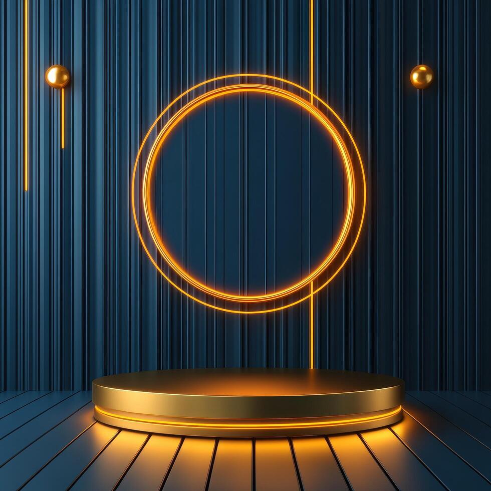 3d rendering of a neon circle on a wooden platform photo
