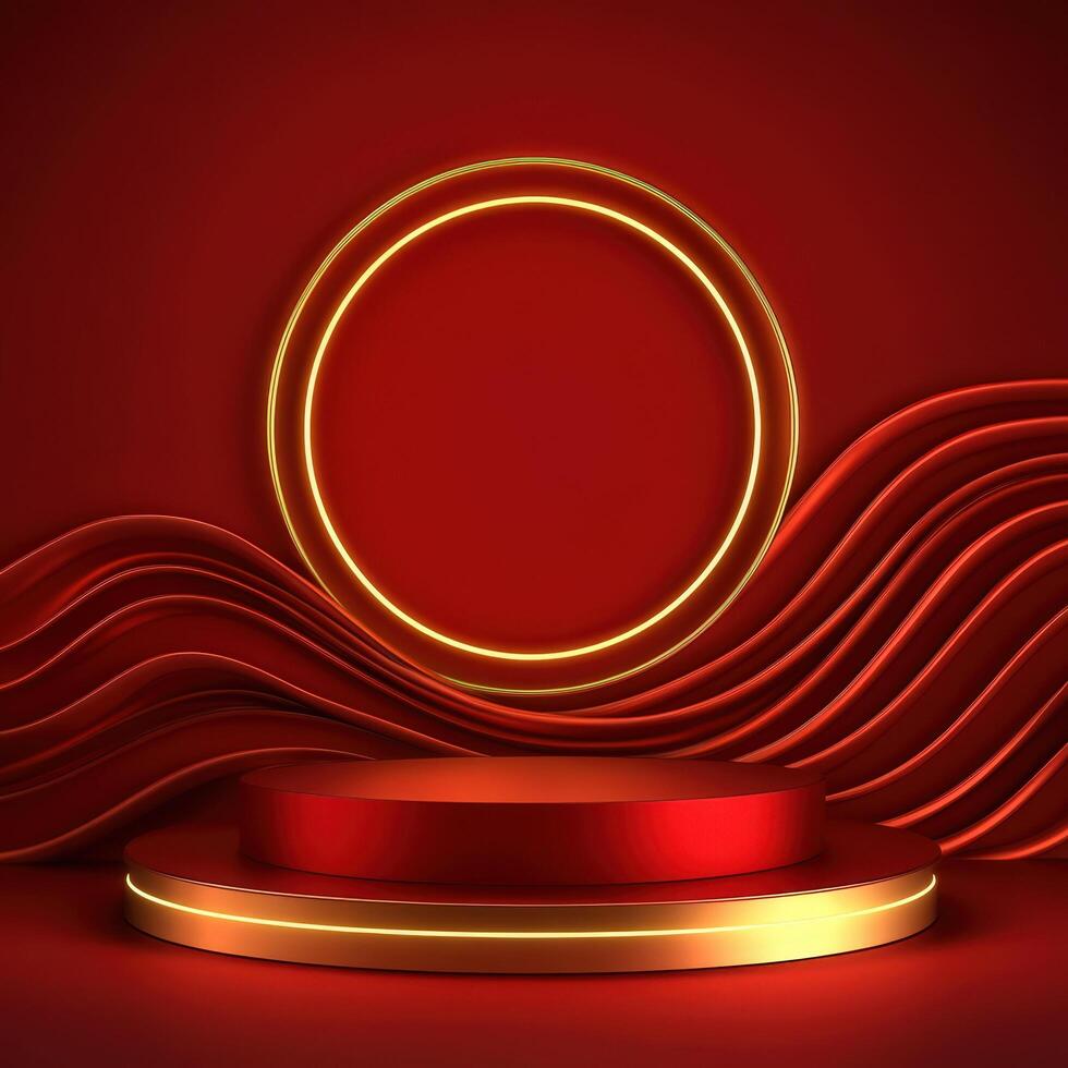 Red background with a podium and a golden circle photo