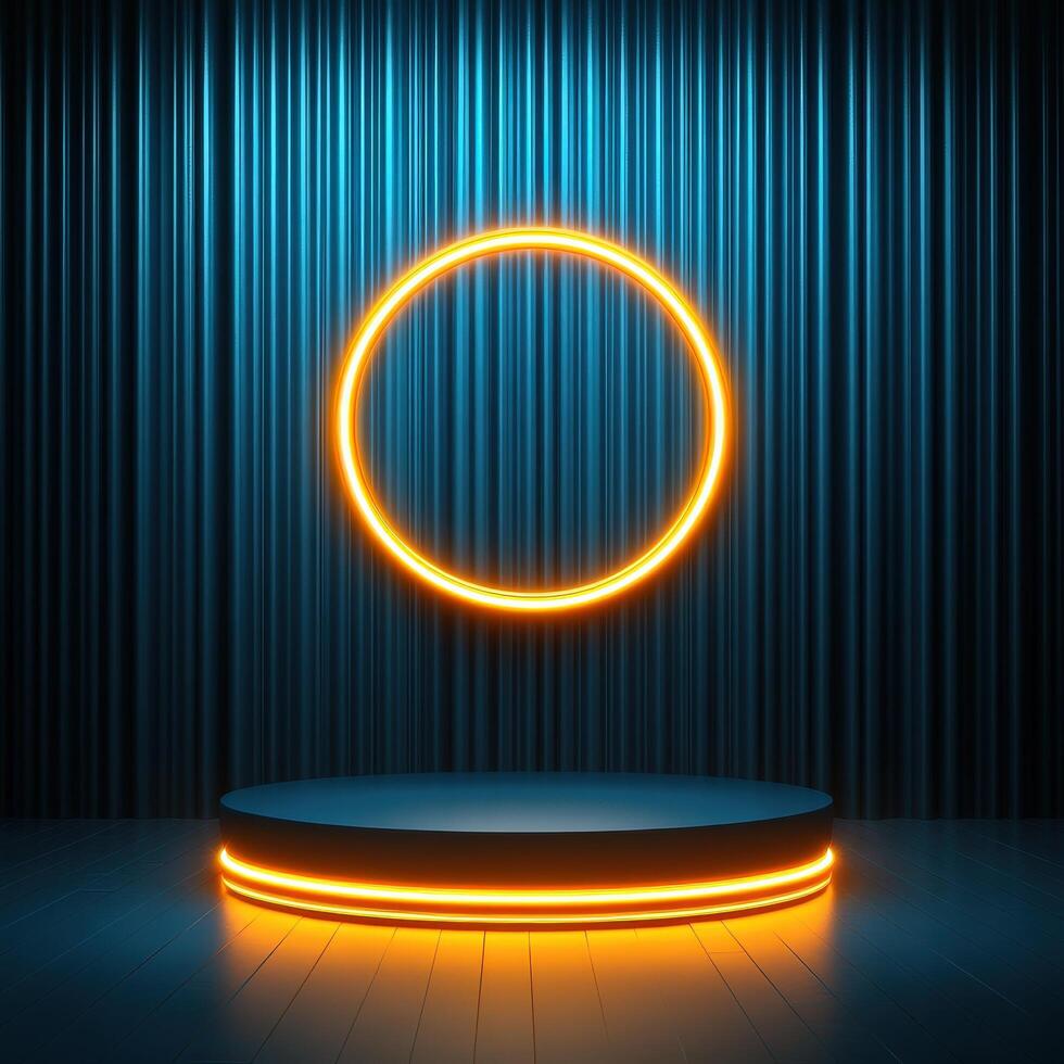 An empty stage with a neon ring on it photo