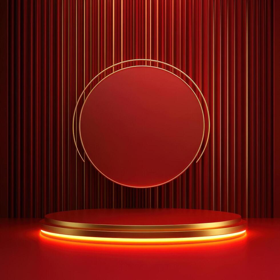 Red background with a round stage and a red light photo