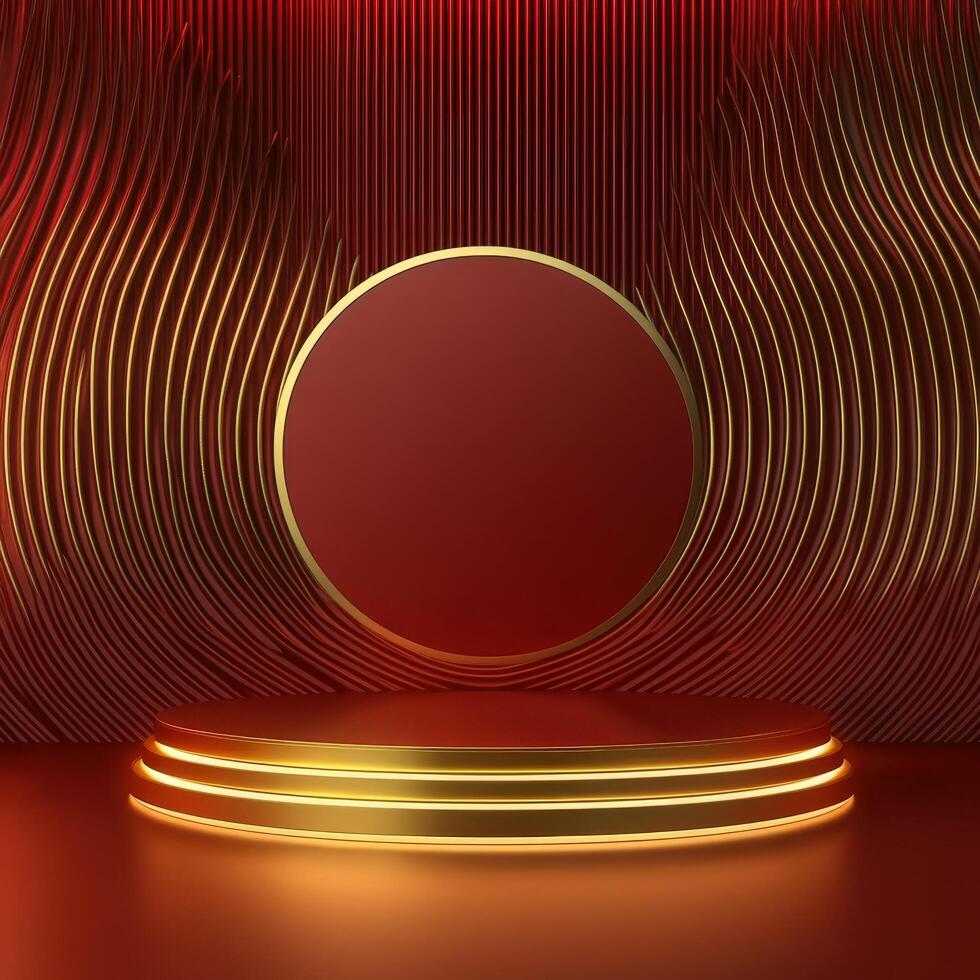 Red and gold podium with a red circle on it photo