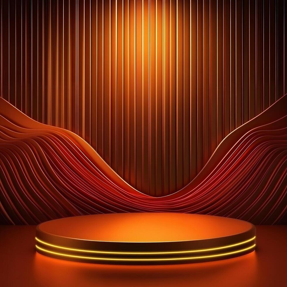 3d rendering of a stage with a podium and orange lights photo