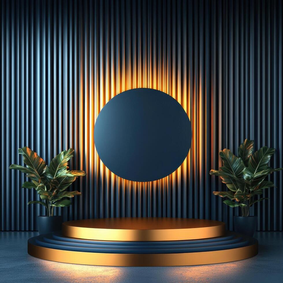 A stage with a round light and plants in front of it photo