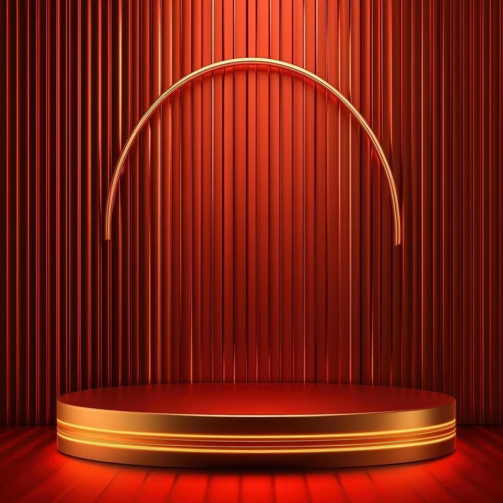 Red stage with a spotlight and a red curtain photo