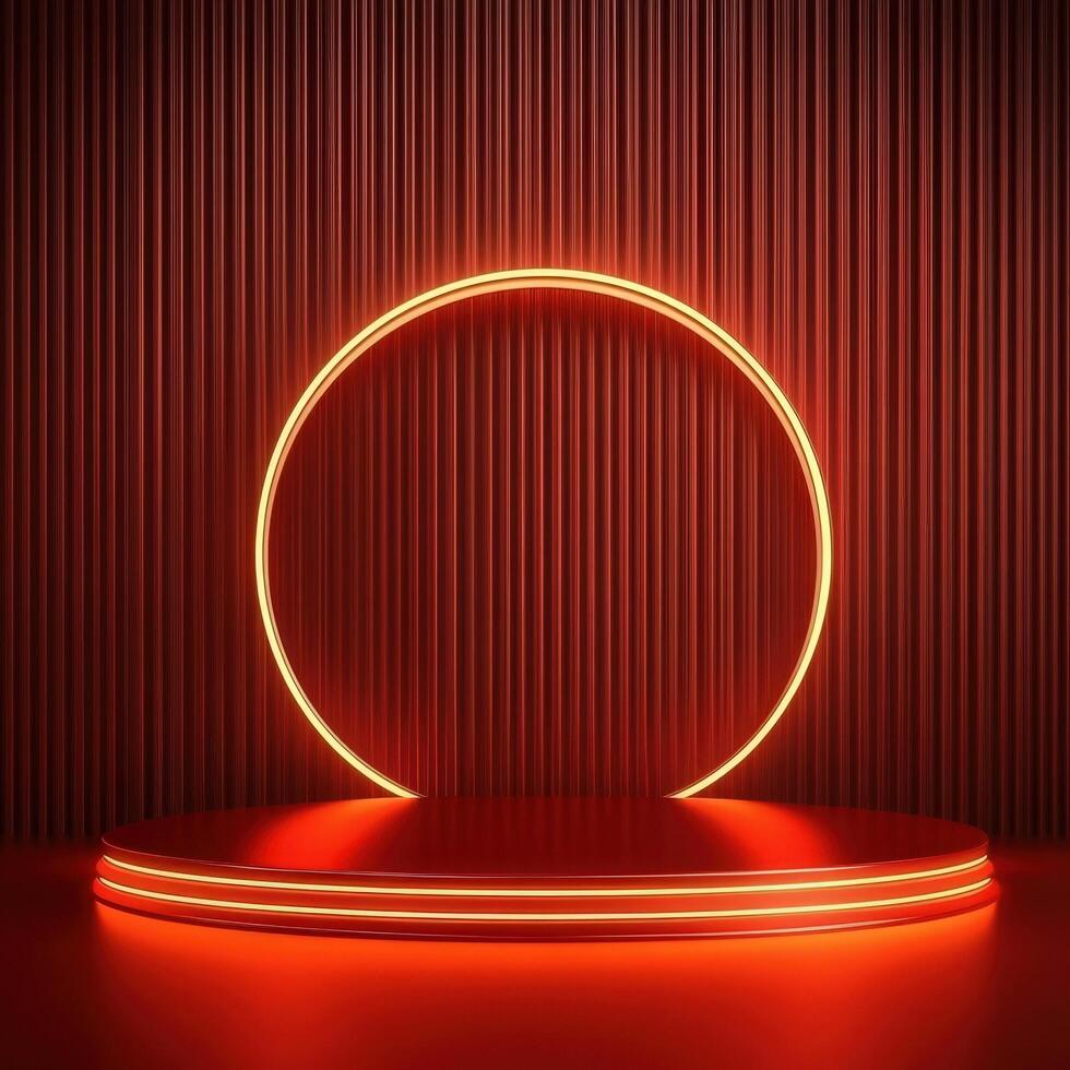 Red neon circle on a stage with a red background photo