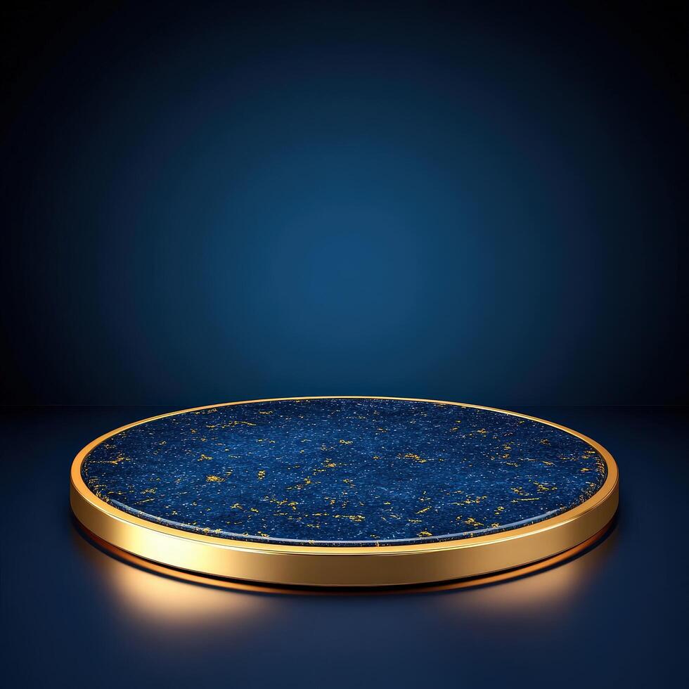 Golden round table with blue marble on dark background photo