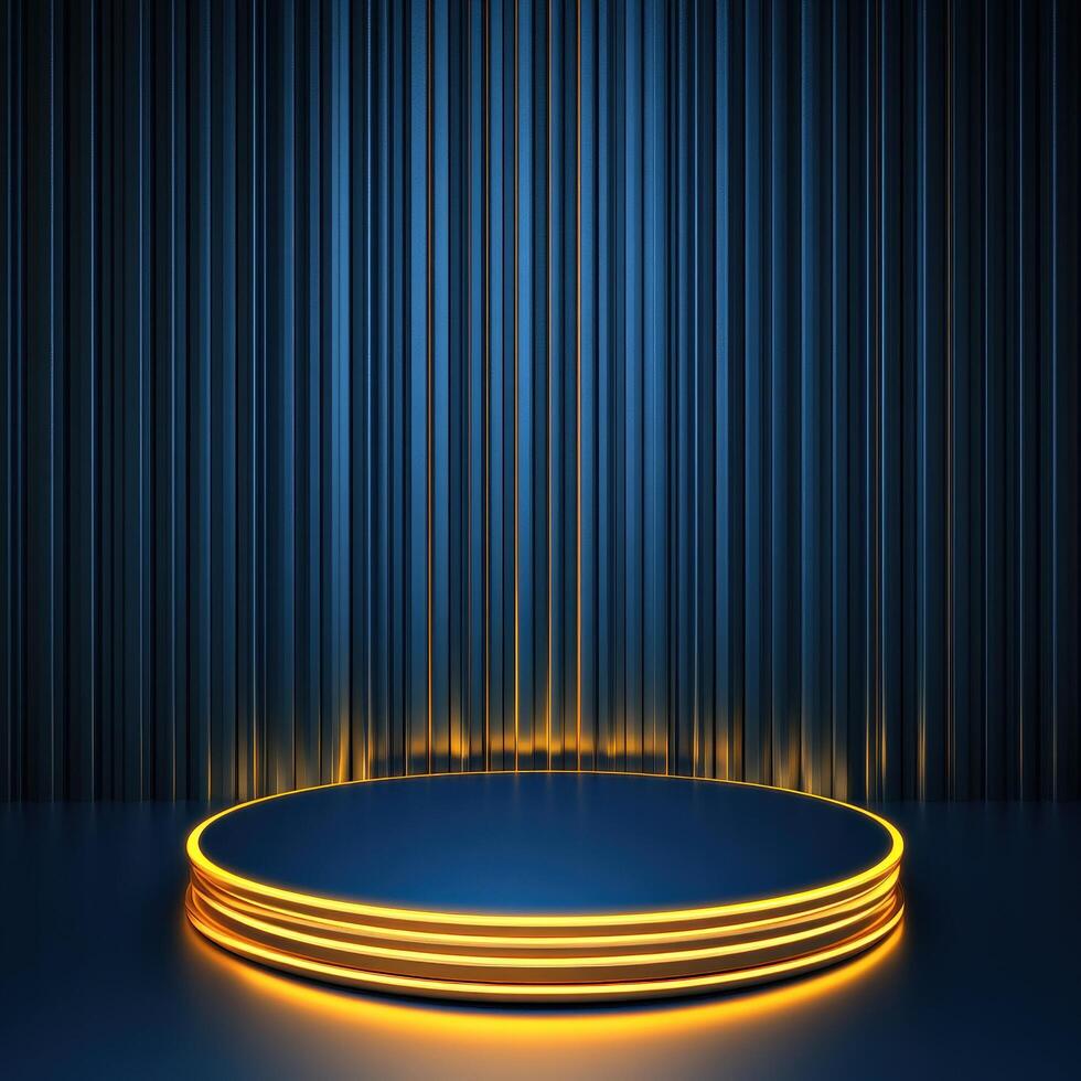 An empty stage with a spotlight and a blue background photo