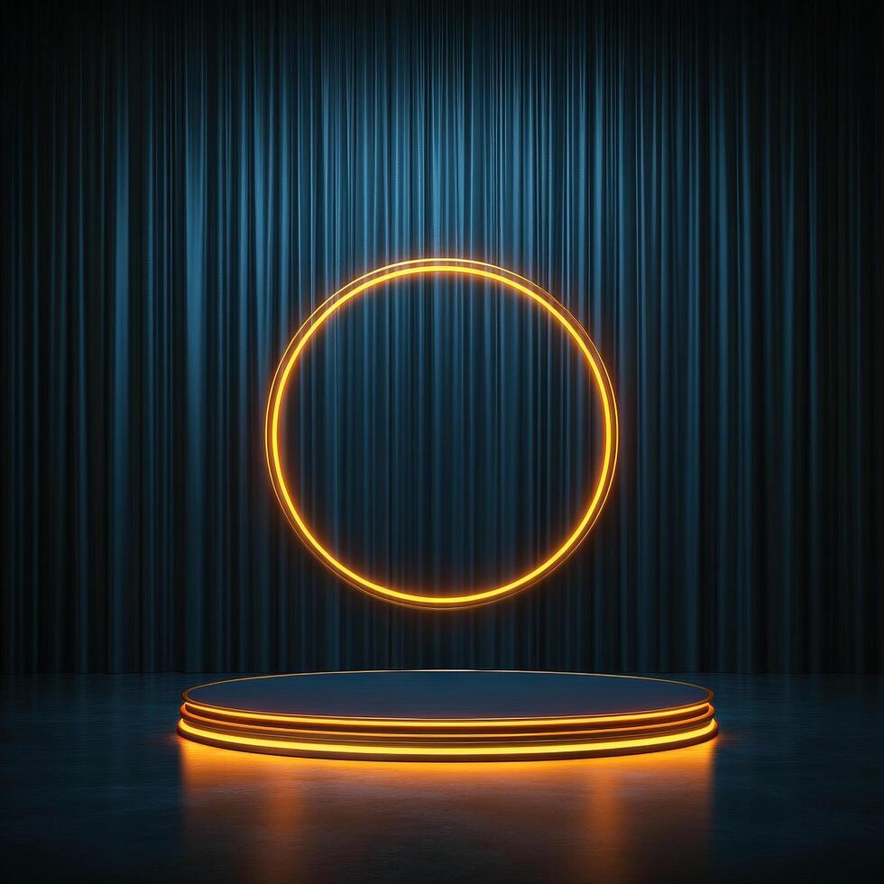 An empty stage with a neon circle on it photo