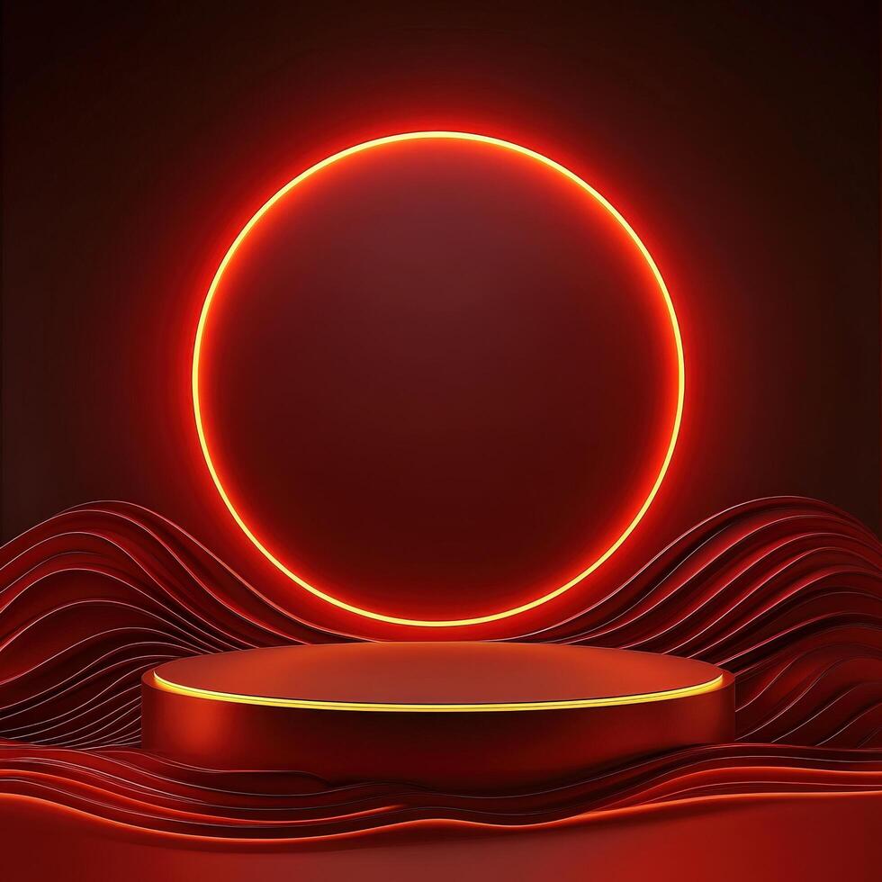 Red neon light on a podium with waves photo