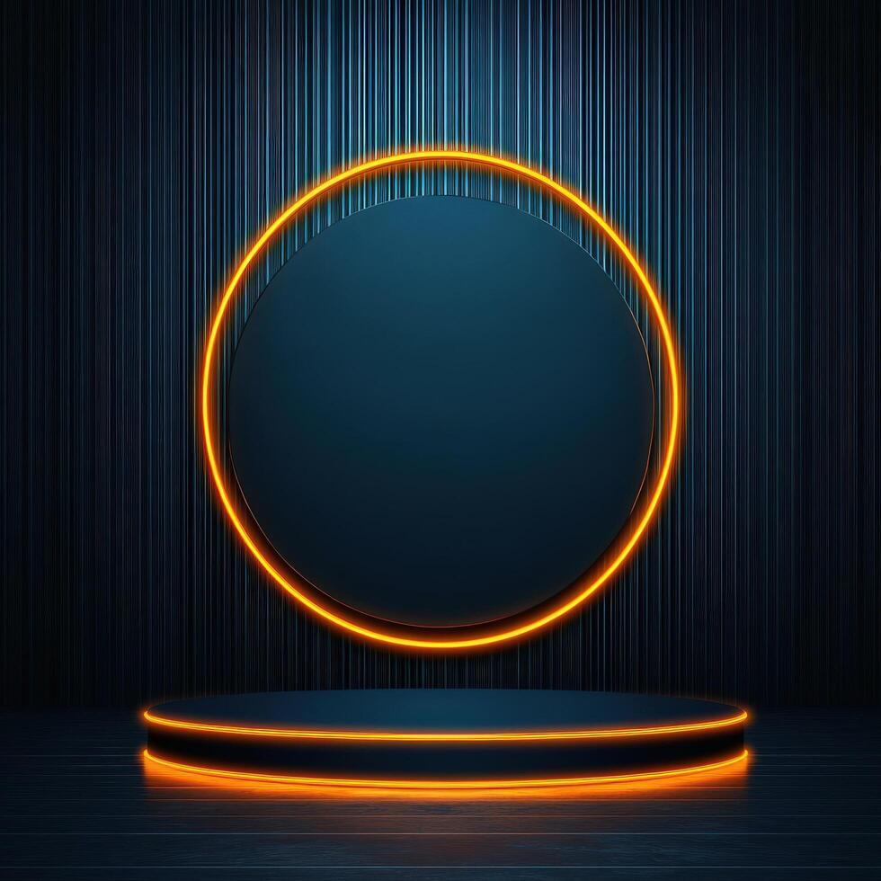 3d rendering of a neon circle on a stage photo