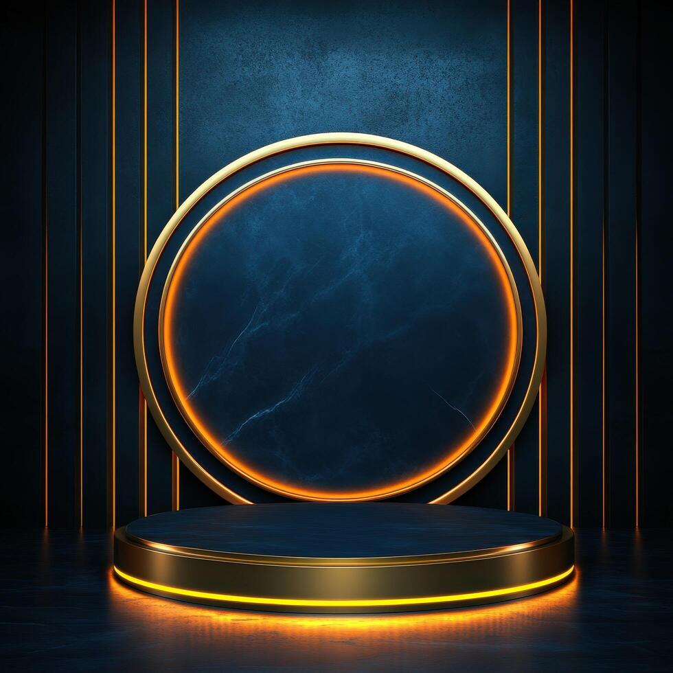 3d render of a podium with a blue background and neon lights photo