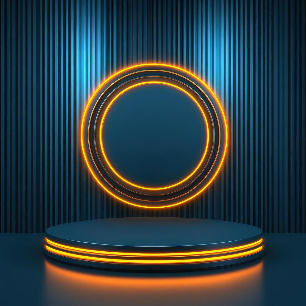 3d rendering of a neon circle on a podium photo