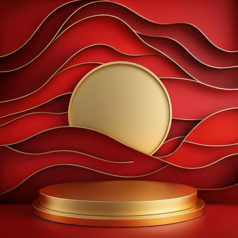 Gold podium with red background and waves photo