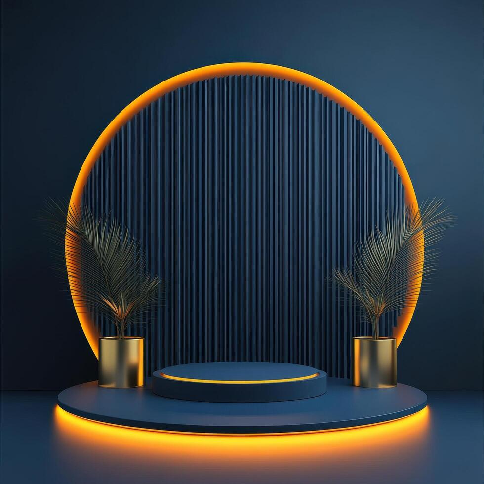 3d rendering of a stage with neon lights photo