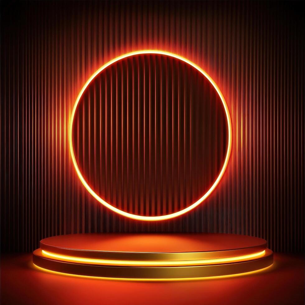 Neon glowing circle on a podium with a black background photo
