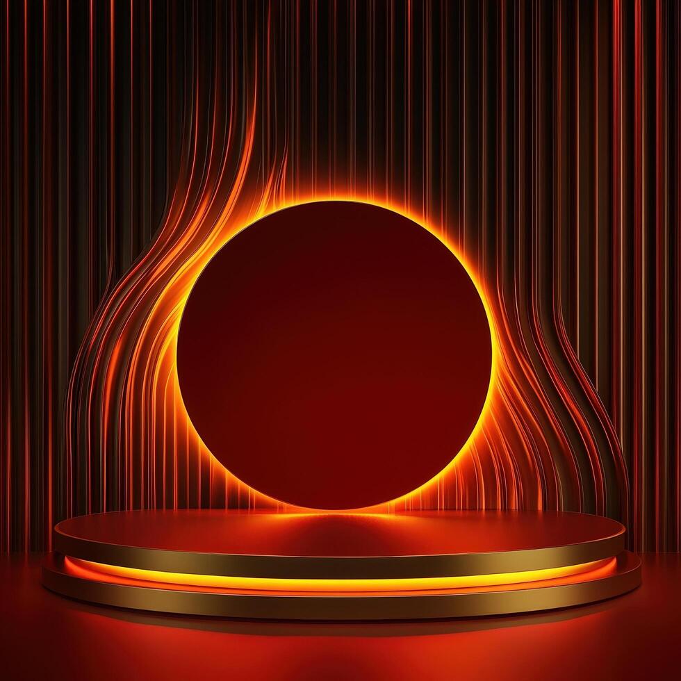 An abstract red and gold stage with a glowing circle photo