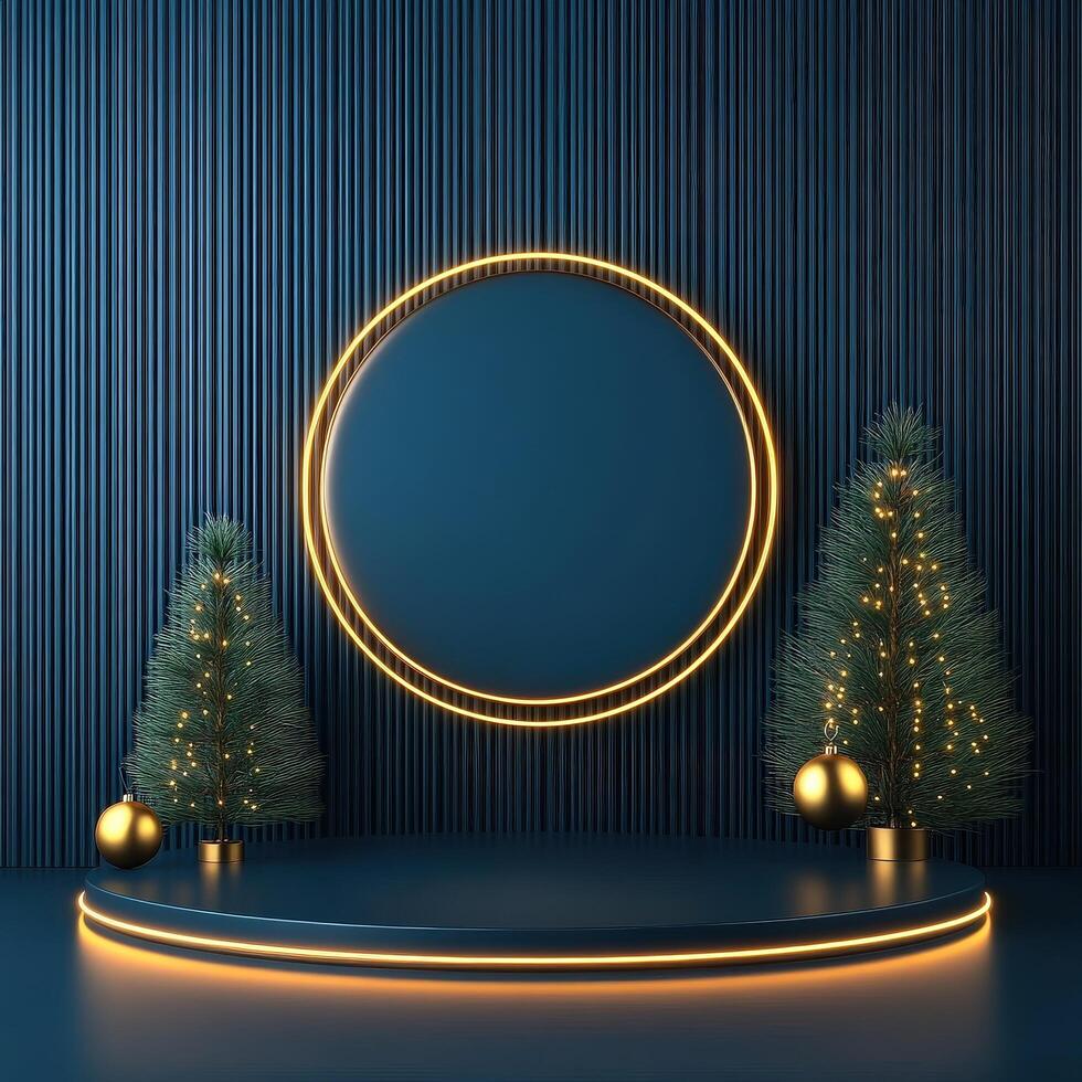 Christmas tree and a round circle with a neon light on it photo