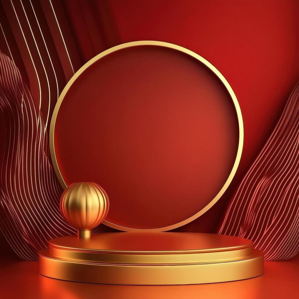 Golden round round podium with red and gold background photo