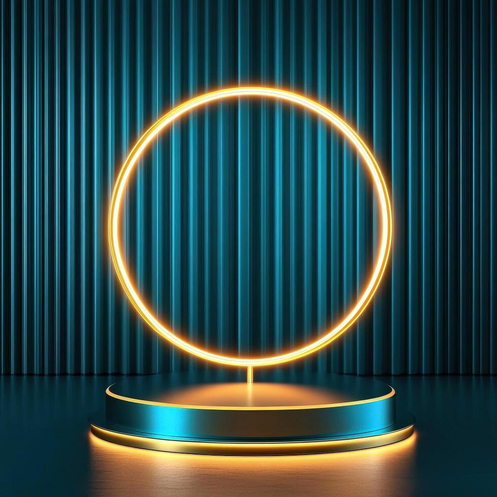 3d rendering of a neon circle on a stand photo