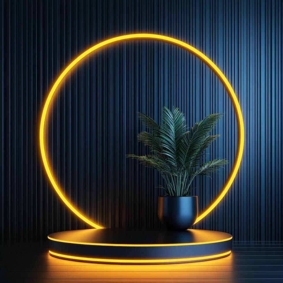 A potted plant in a round lighted circle on a black background photo