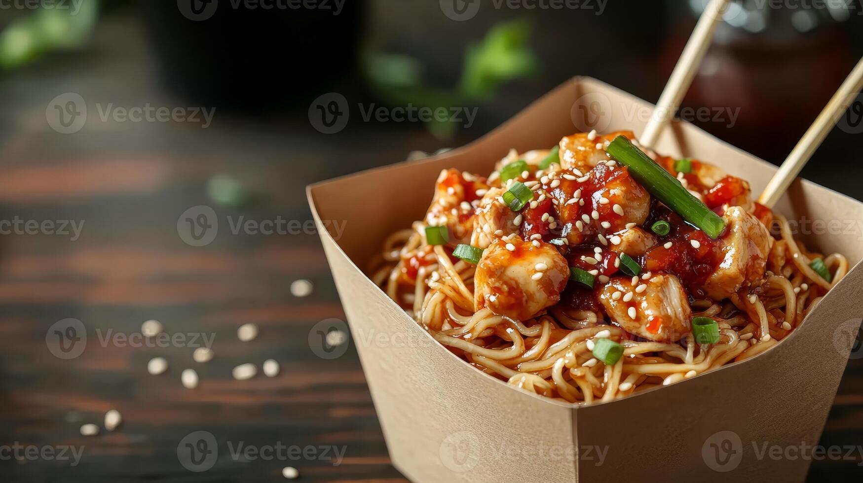 Delicious noodles with chicken in sweet sauce photo