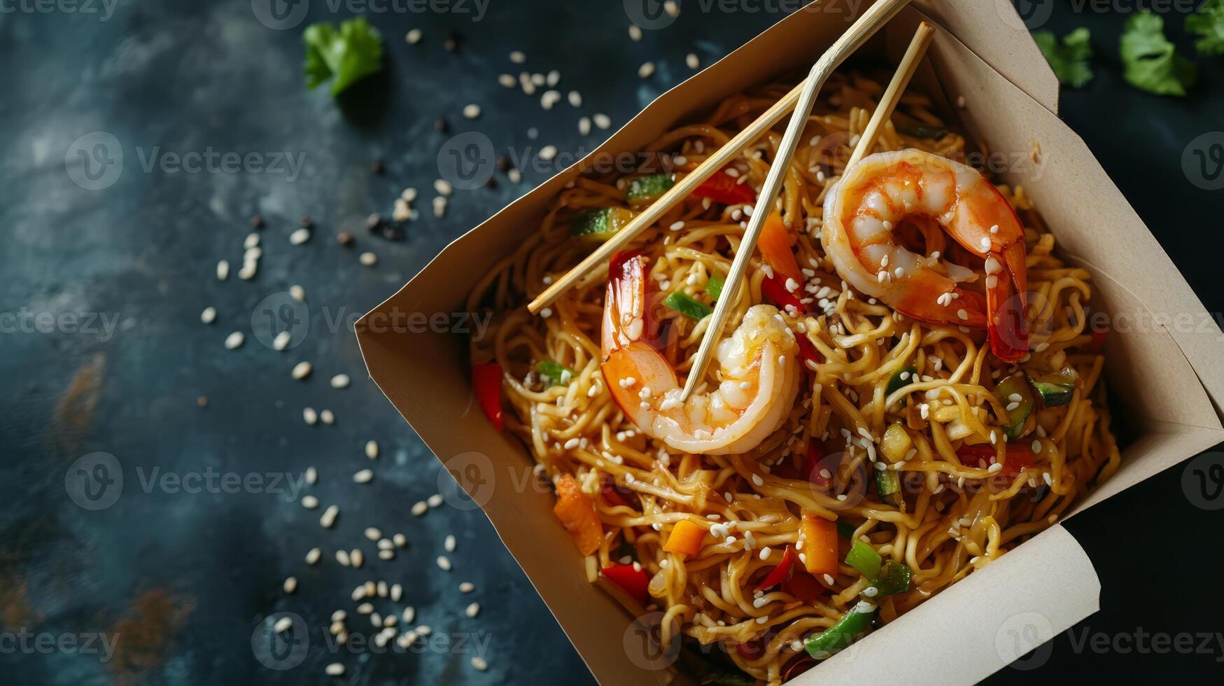 Top view of shrimp noodles with vegetables in takeout box, garnished with sesame seeds. Asian street food concept, perfect for takeout or delivery themes. Fast food banner with copy space photo