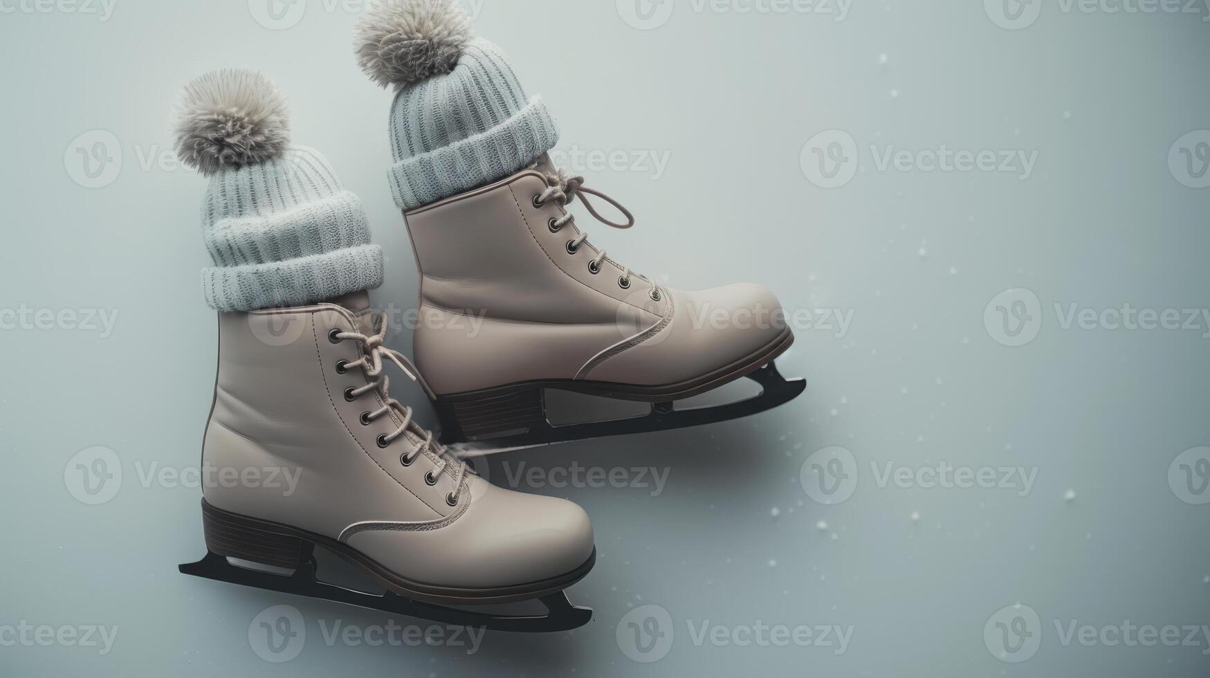 Flat lay of beige ice skates with cozy knitted hat photo