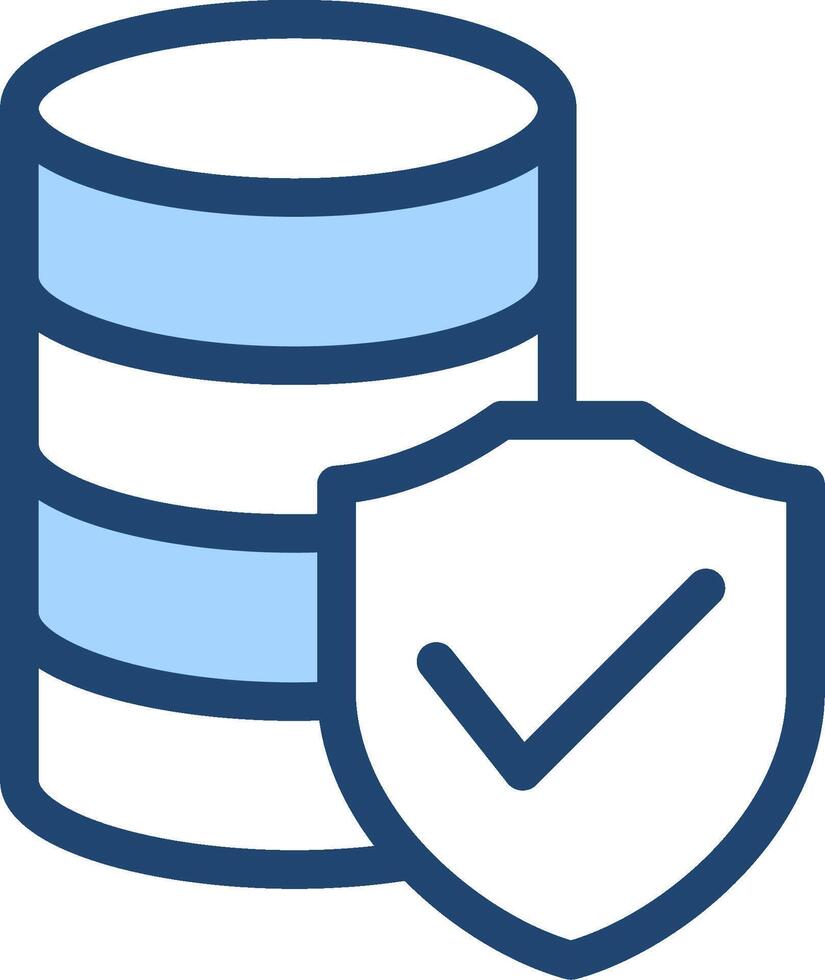 A blue and white icon with a check mark on top of a stack of data vector