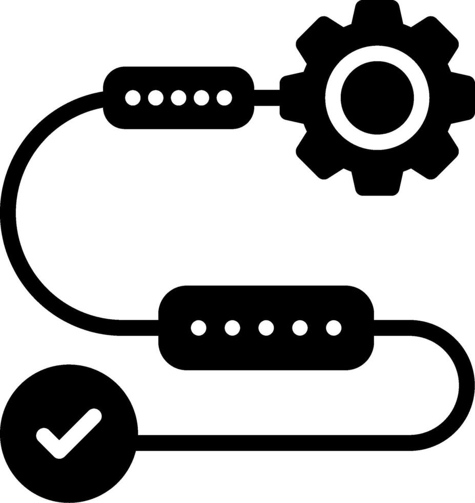 A black and white icon of a gear and a check mark vector