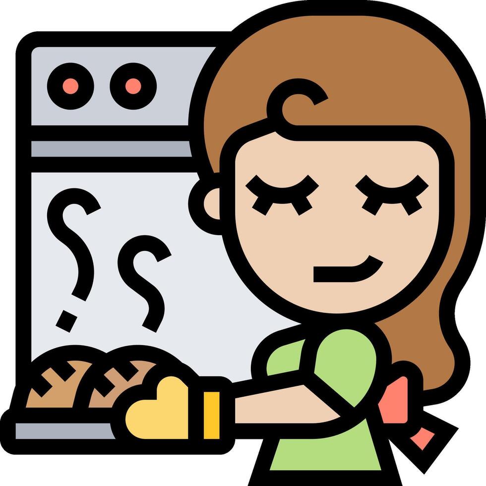 A cartoon woman is cooking bread in the oven vector