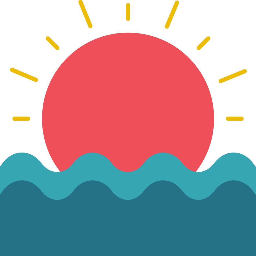 The sun is shining over the ocean in this flat icon vector