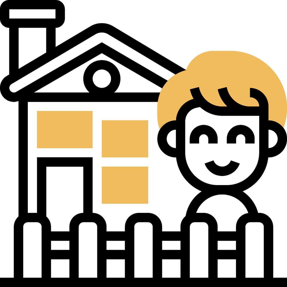 A boy is standing in front of a house with a fence vector