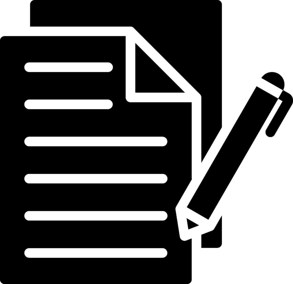 A black and white icon of a pen and paper vector