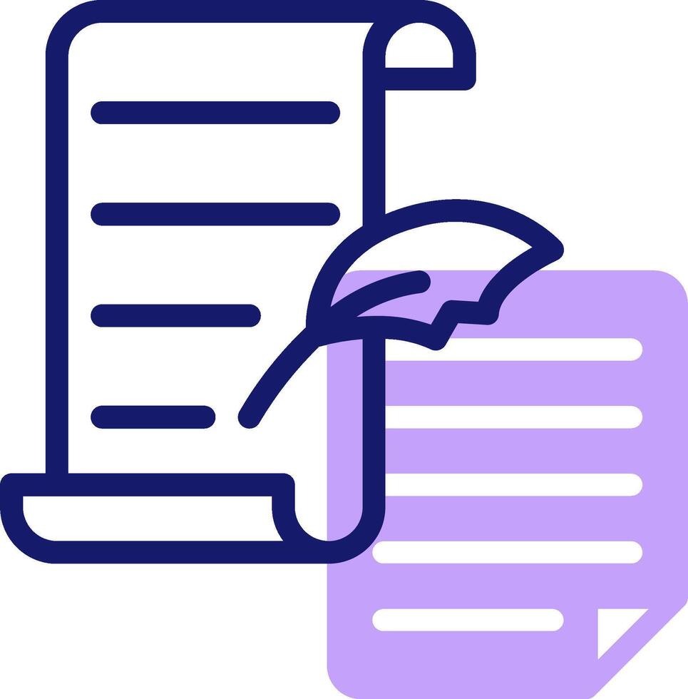 A purple and white icon of a scroll with a pen vector