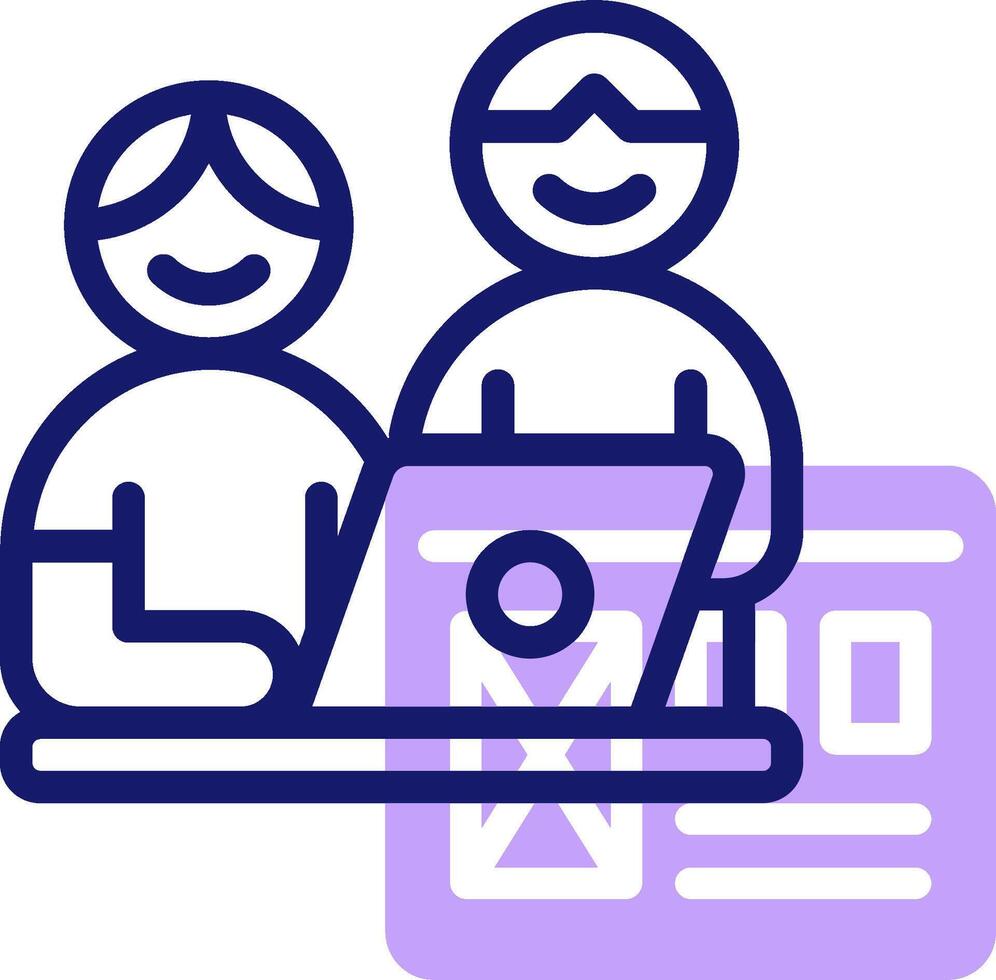 Two people working on a laptop in front of a computer vector