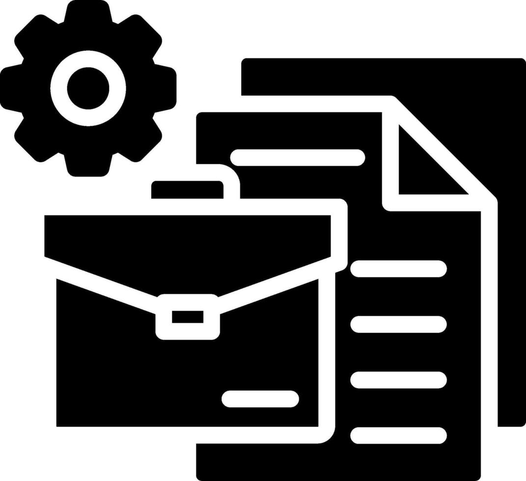 A black and white icon of a briefcase and a gear vector