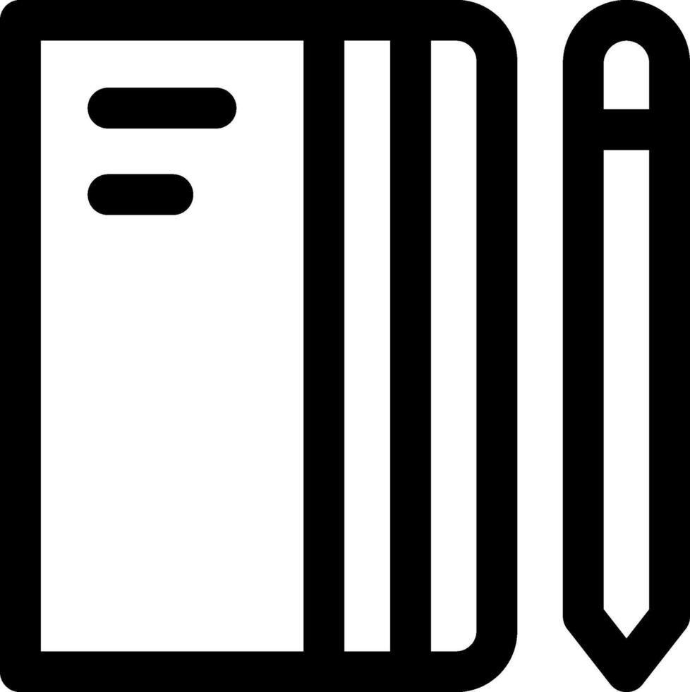 A black and white icon of a pen and notebook vector