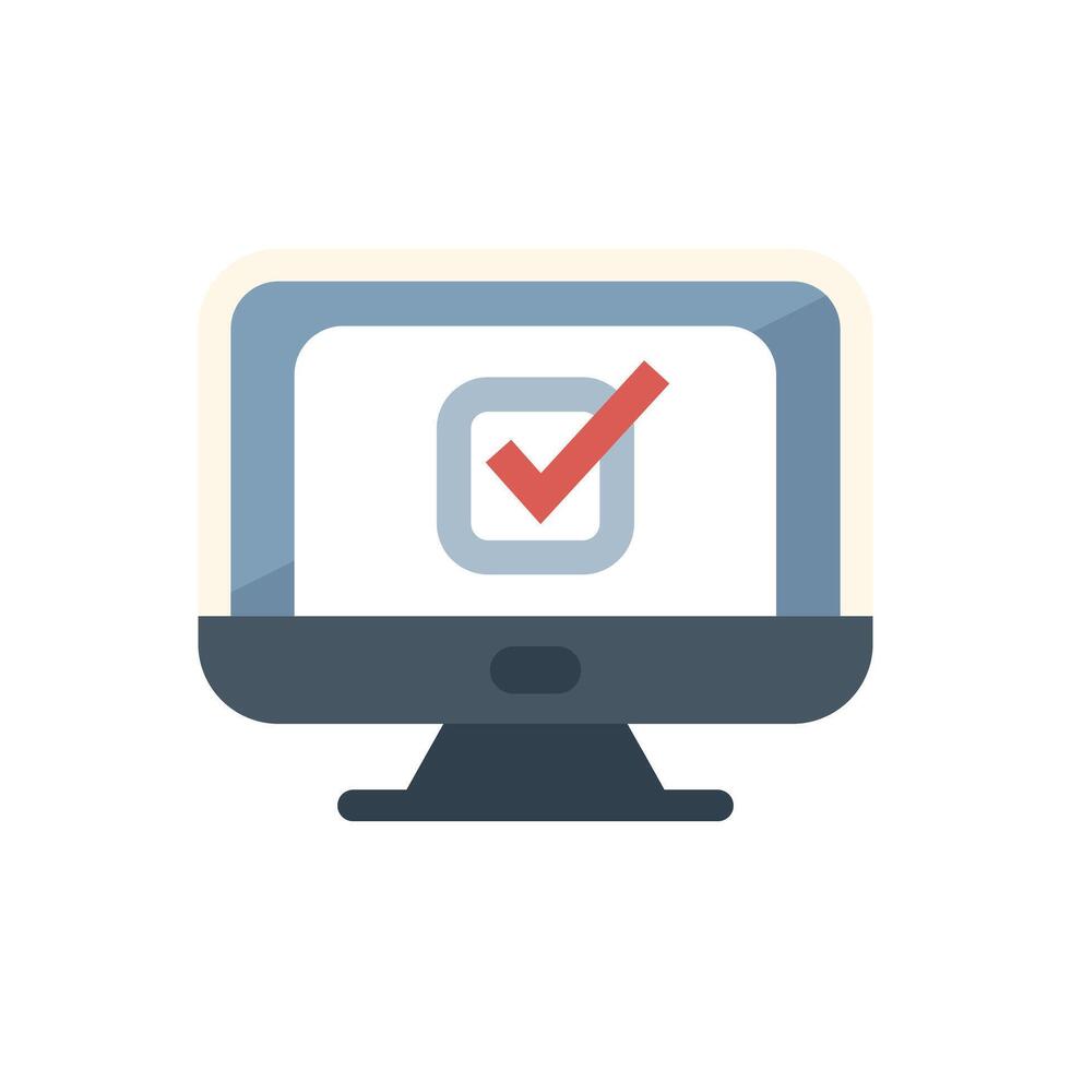 Desktop computer displaying checkmark for online survey completion vector