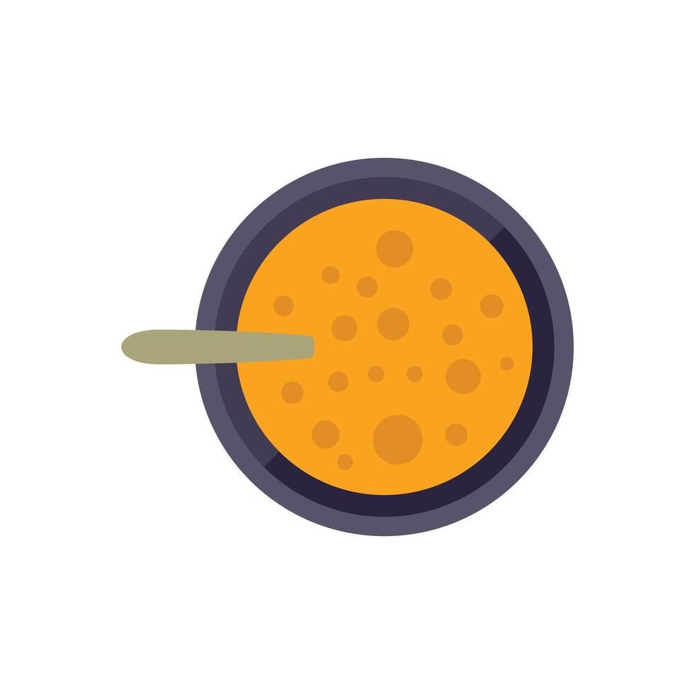Bowl of soup seen from above with spoon resting on rim vector