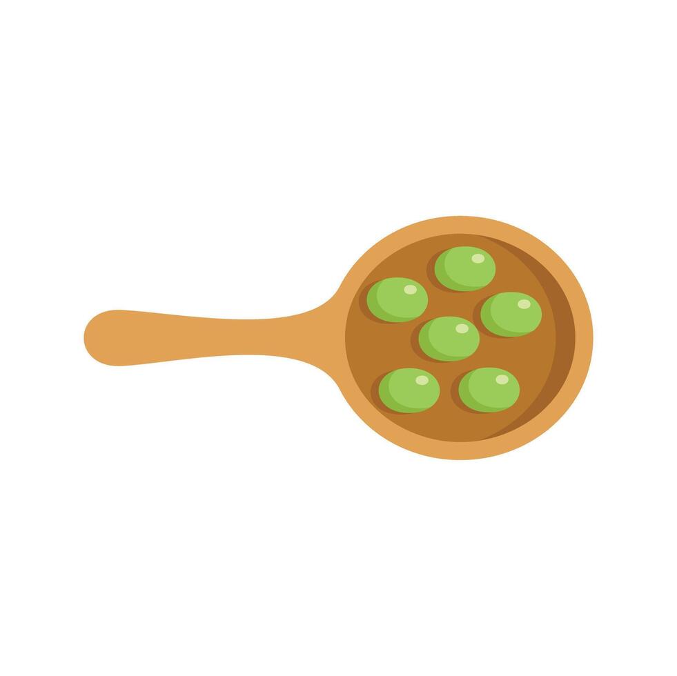 Wooden spoon holding green peas top view vector