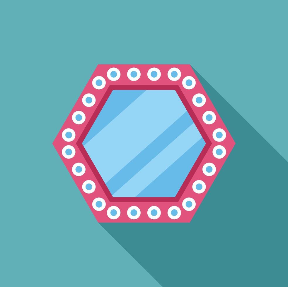 Pink hexagon mirror with light bulbs reflecting light blue surface vector