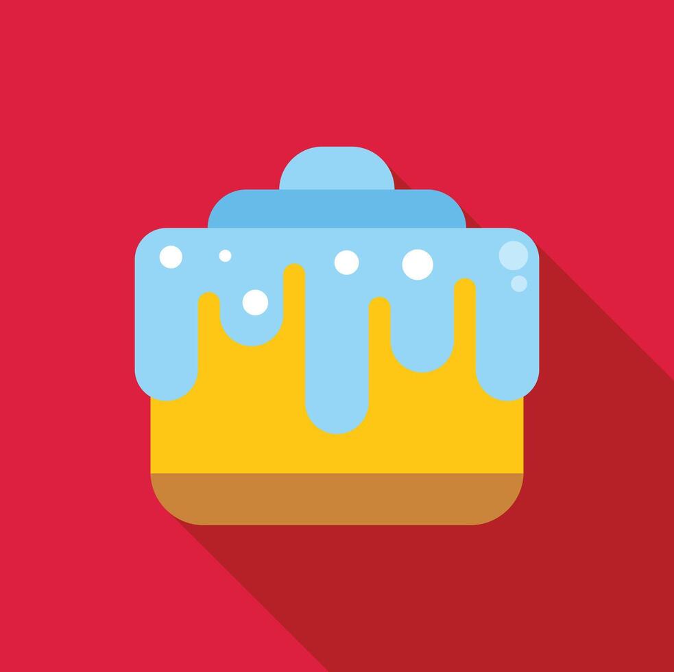 Square cake with blue icing dripping over yellow frosting flat design icon vector