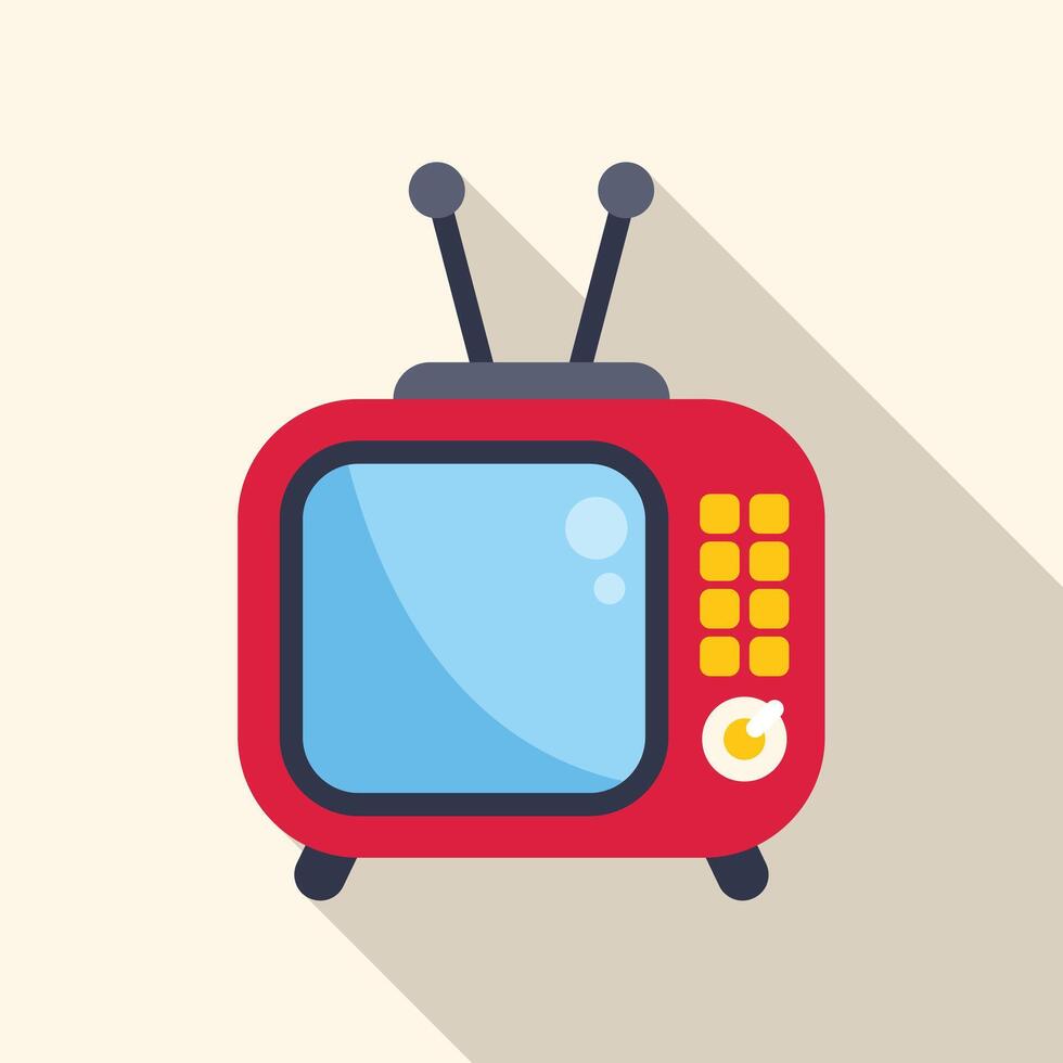 Red retro tv set with antennae displaying empty screen on long shadow background vector