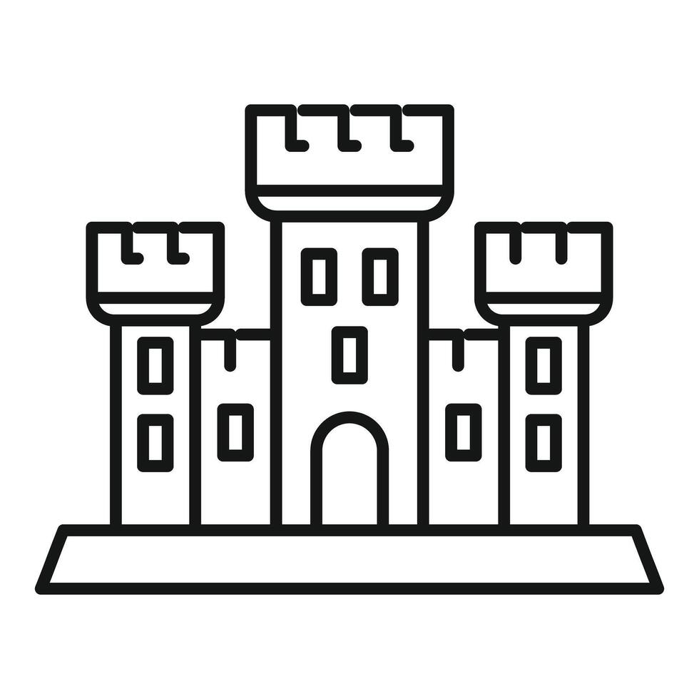 Medieval castle with three towers standing on hill line icon vector