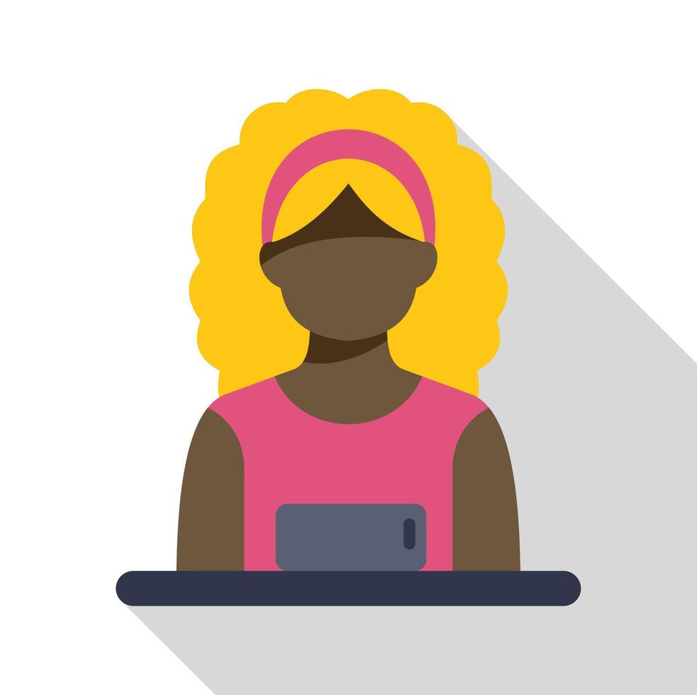 Young woman using mobile phone at desk with long shadow effect vector