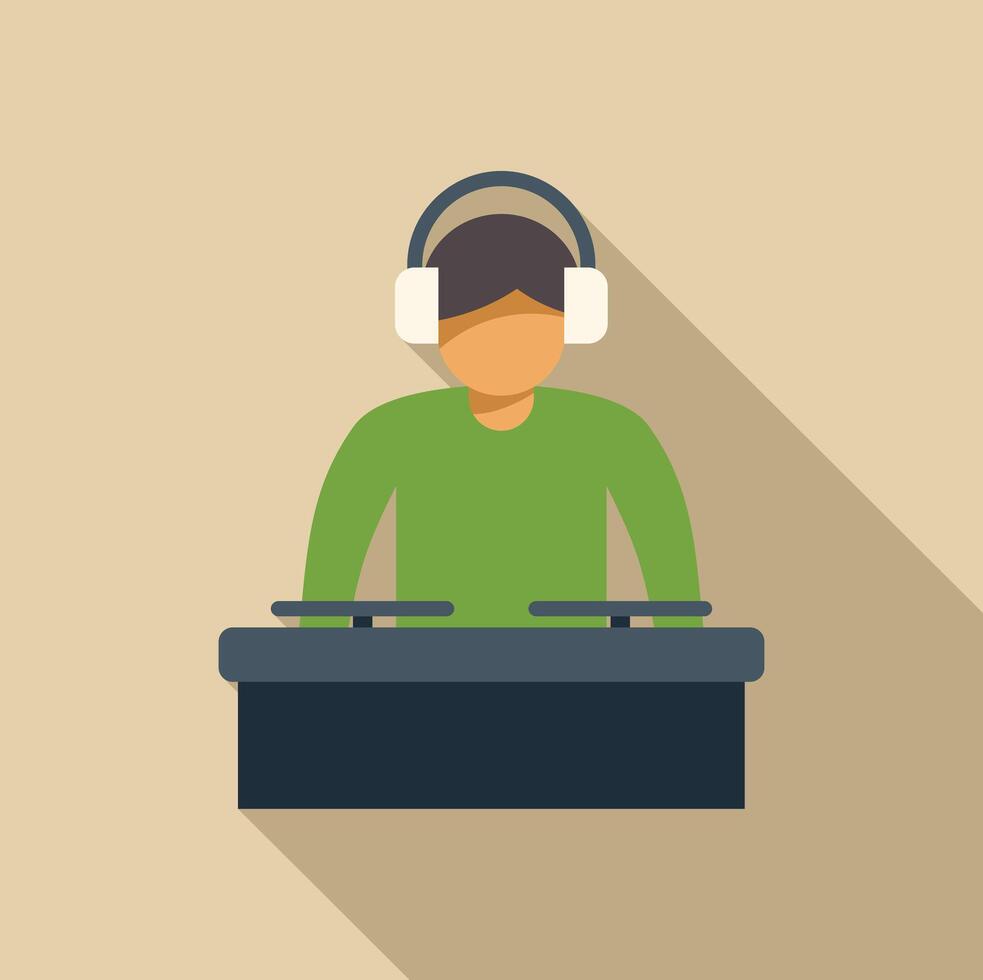 Disc jockey wearing headphones playing music on turntables vector
