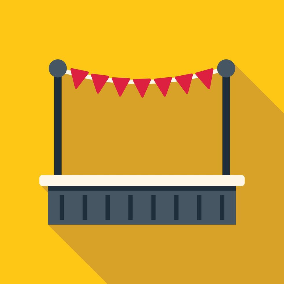 Empty wooden market stall with red flags hanging on yellow background vector